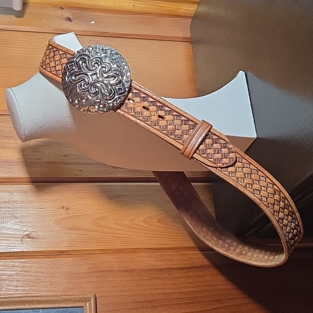 Brown Leather Belt With Hammered Silver Belt Buckle